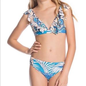 Maaji Girls Oliveira Frills Blue Palm Triangle Top Ruffle Bikini. Sz 10